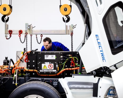 An assembly line for electric trucks in the DAF site in Eindhoven, Netherlands.
