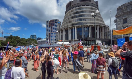 Protesters demonstrating against Covid public health measures outside parliament in Wellington.