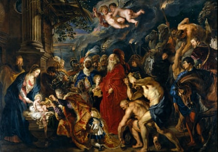 he Adoration of the Magi by Peter Paul Rubens, showing the three kings presenting gifts to the infant Jesus, with detailed figures, rich colours, and dramatic baroque composition