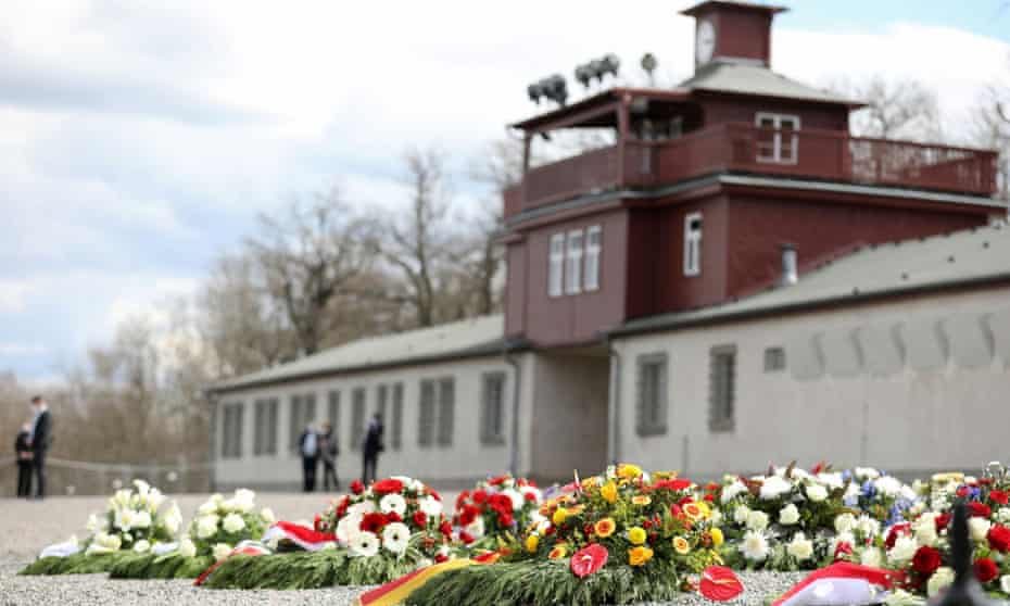 Wreaths are seen in front of the gate at the former concentration camp Buchenwald