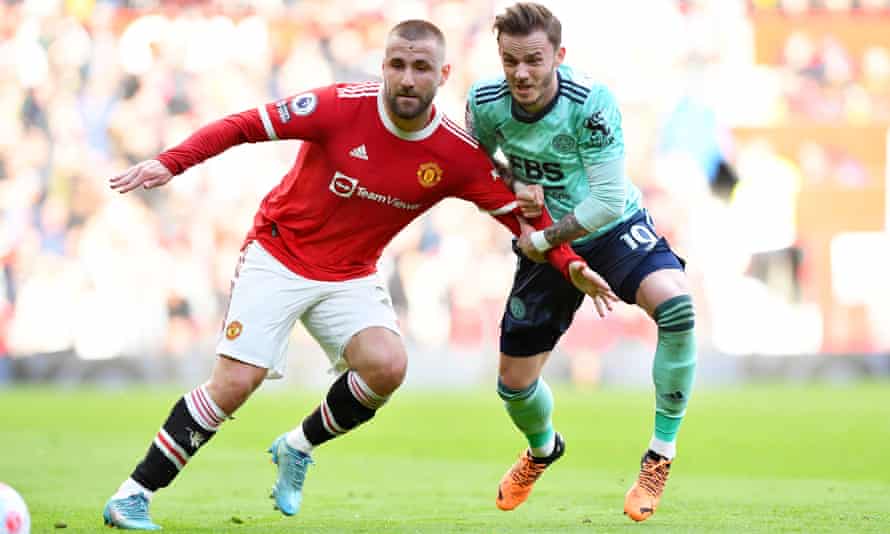 Luke Shaw in action for Manchester United against Leicester’s James Maddison