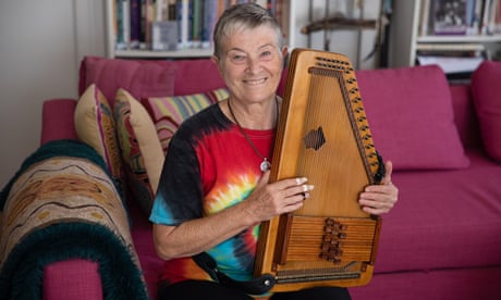A new start after 60. Sue Gee who, in her sixties has joined a 'community' where she plays her autoharp with other musical people in this community. Melbourne. Australia.