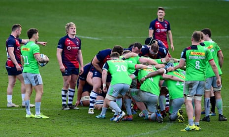 Bristol Bears and Harlequins prepare for a scrum during a match in March.