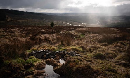 A stone dam created by rural conservation specialists to aid peatland restoration in Cumbria, England.