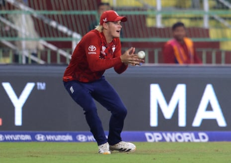 England’s Jacob Bethell catches out New Zealand’s Finn Allen.