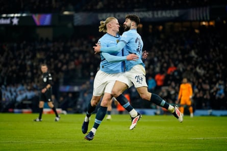 Erling Haaland celebrates with Josko Gvardiol after scoring Manchester City’s first goal.