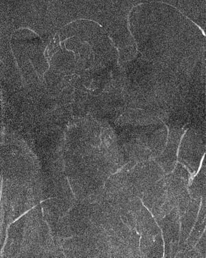 Detail from the macro x-ray fluorescence map of The Virgin Of The Rocks, revealing the angel and baby of the first composition.