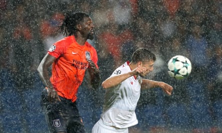 Emmanuel Adebayor in action for Basaksehir Istanbul against Sevilla in the Europa League.
