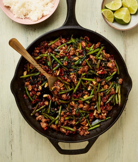 Yotam Ottolenghi’s glossy pork with green beans crispy chilli and garlic.