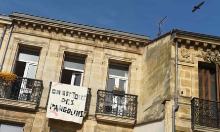 A banner reading “We are all pangolins” hangs on a balcony in Bordeaux, France