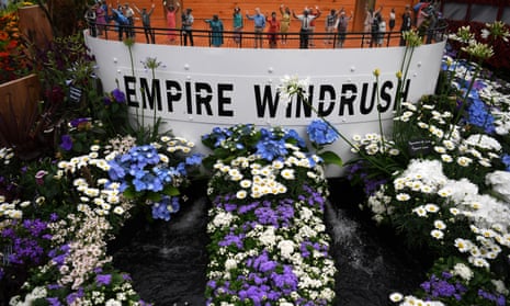A floral display incorporating the Empire Windrush ship for the 2018 RHS Chelsea Flower Show.