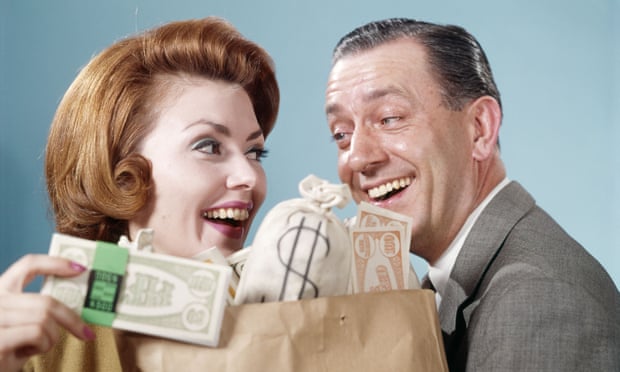 1960s couple with shopping bag full of money