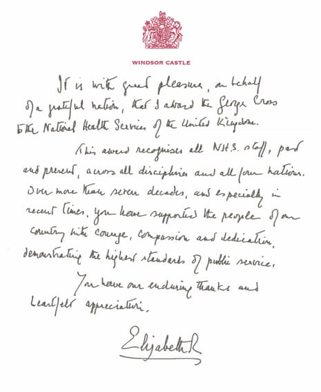 The handwritten letter from the Queen awarding the George Cross to the NHS
