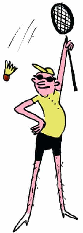 Illustration of a man in sports gear holding up a racket, with a badminton flying down from it