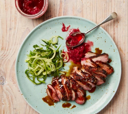 Yotam Ottolenghi’s duck with rhubarb jam and pickled cucumber.