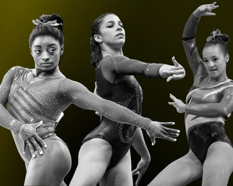 Gymnasts Simone Biles, Aly Raisman and Maggie Nichols pose dramatically mid-routine in sparkly leotards
