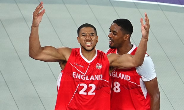 Myles Hesson (left) and Jamell Anderson celebrate Englland’s late win against Australia.