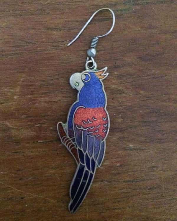 blue and red parrot earring on a hook