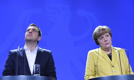 The Greek prime minister Alexis Tsipras with the German chancellor, Angela Merkel.