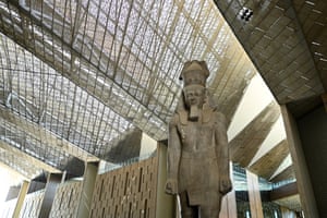 The roof and King Ramses II statue displayed at the Grand Egyptian Museum