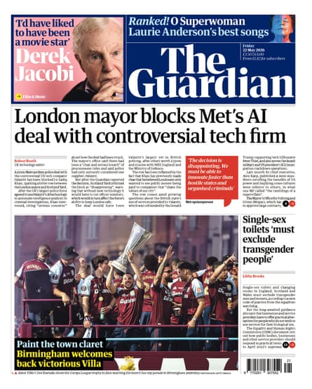 Front page of the Guardian 22 May 2026