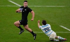 Will Jordan evades a tackle to score his third try in New Zealand’s emphatic win over Argentina.