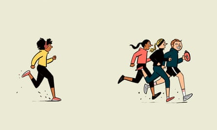 Illustration of three people running in a group and one person running behind