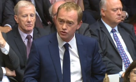 Tim Farron speaking in the House of Commons during its first sitting since the election.