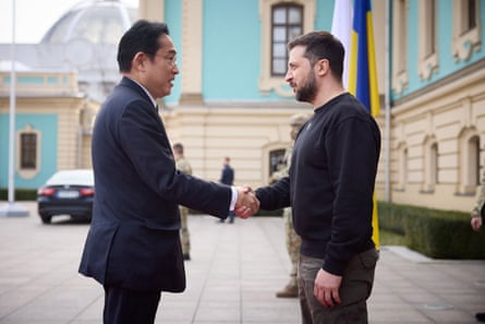 Ukrainian President Volodymyr Zelenskiy welcomes Japan’s Prime Minister Fumio Kishida in Kyiv