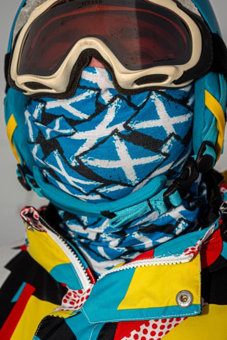 Head wrapped in goggles and Satire scarf and a second picture of two people with ski equipment and blue sky