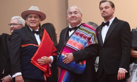 Yancey Red Corn, Chief Standing Bear and Leonardo DiCaprio at the Killers of the Flower Moon premiere.