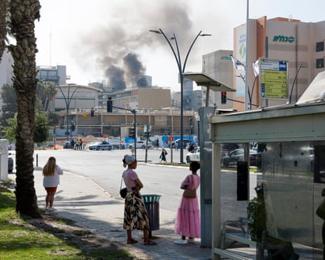 Smoke billows from Soroka Hospital in Beersheba following an Iranian missile attack