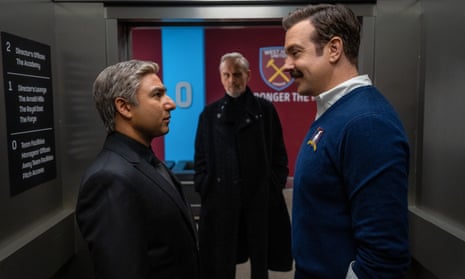 From left: Nick Mohammed, Anthony Head and Jason Sudeikis in the third series of Ted Lasso.