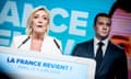 Marine Le Pen and the RN president Jordan Bardella, who is its candidate for PM, at the party’s EU elections HQ on Sunday.