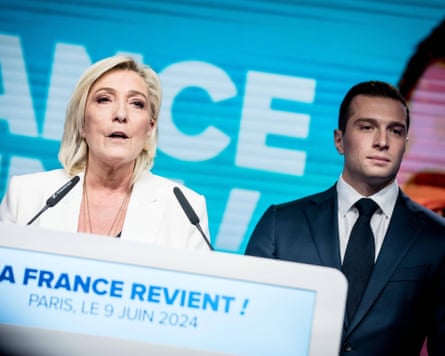 Marine Le Pen, stood next to Jordan Bardella, delivers a victory speech on the night of the 2024 European election results.