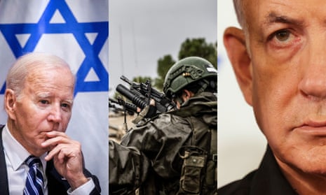President Joe Biden in Tel Aviv in October; IDF soldiers in Nahal Oz, in December; Benjamin Netanyahu in Tel Aviv also in October.