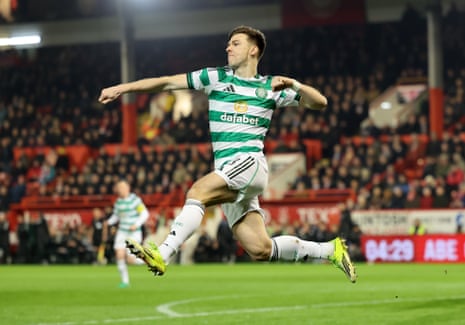Kieran Tierney celebrates after scoring Celtic’s first goal of the game at Aberdeen.