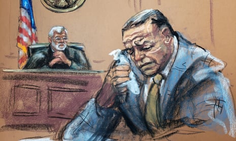Courtroom sketch of Cesar Sayoc as he weeps during sentencing at the federal court in Manhattan on Monday.