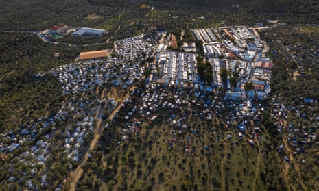 An aerial view of the official refugee camp of Moria and the makeshift camp that has grown around it on the island of Lesbos. 