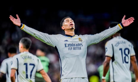 Real Madrid's Jude Bellingham celebrates after scoring his side's third goal.