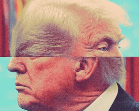 Портрет Трампа, разделённый пополам: верхняя часть смотрит в одном направлении, а нижняя — в другом.