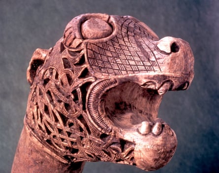 Carved animal head found in funerary treasure, Oseberg, Norway.