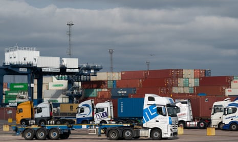 Lorries waiting at the Port of Felixstowe in Suffolk.