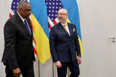 US secretary of defence Lloyd Austin (L) and Ukraine’s defence minister Oleksii Reznikov on the sidelines of the Nato defence ministers in Brussels.