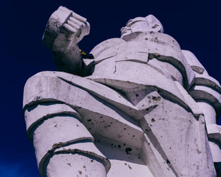 The damaged monument to Artyom, the Bolshevik revolutionary Fyodor Sergeyev, on the hill in Sviatohirsk.