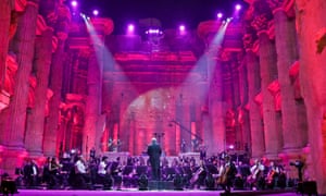 Maestro Harout Fazlian conducts rehearsals ahead of the Sound of Resilience concert inside the Temple of Bacchus at the historic site of Baalbek in Lebanon’s eastern Bekaa Valley, on 4 July 2020.
