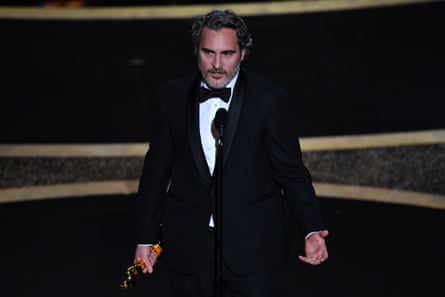 Joaquin Phoenix make’s the night’s most overtly political speech.