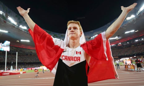 Canada’s Shawn Barber celebrates winning gold in the men’s pole vault final at the 2015 World Athletics Championships at the Bird’s Nest stadium in Beijing