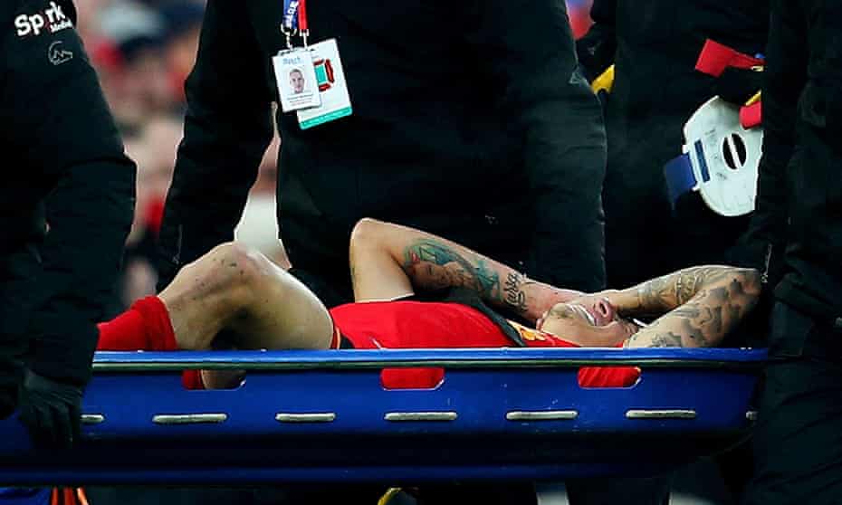 Philippe Coutinho is taken off on a stretcher after suffering ankle ligament damage during Liverpool’s 2-0 victory over Sunderland at Anfield on Saturday
