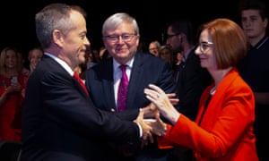Labor leader Bill Shorten is greeted by former Labor prime ministers Kevin Rudd and Julia Gillard at the launch of the Labor campaign in Brisbane.
